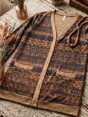 Women's Floral Geo Button-Front Cardigan - Brown Multi
